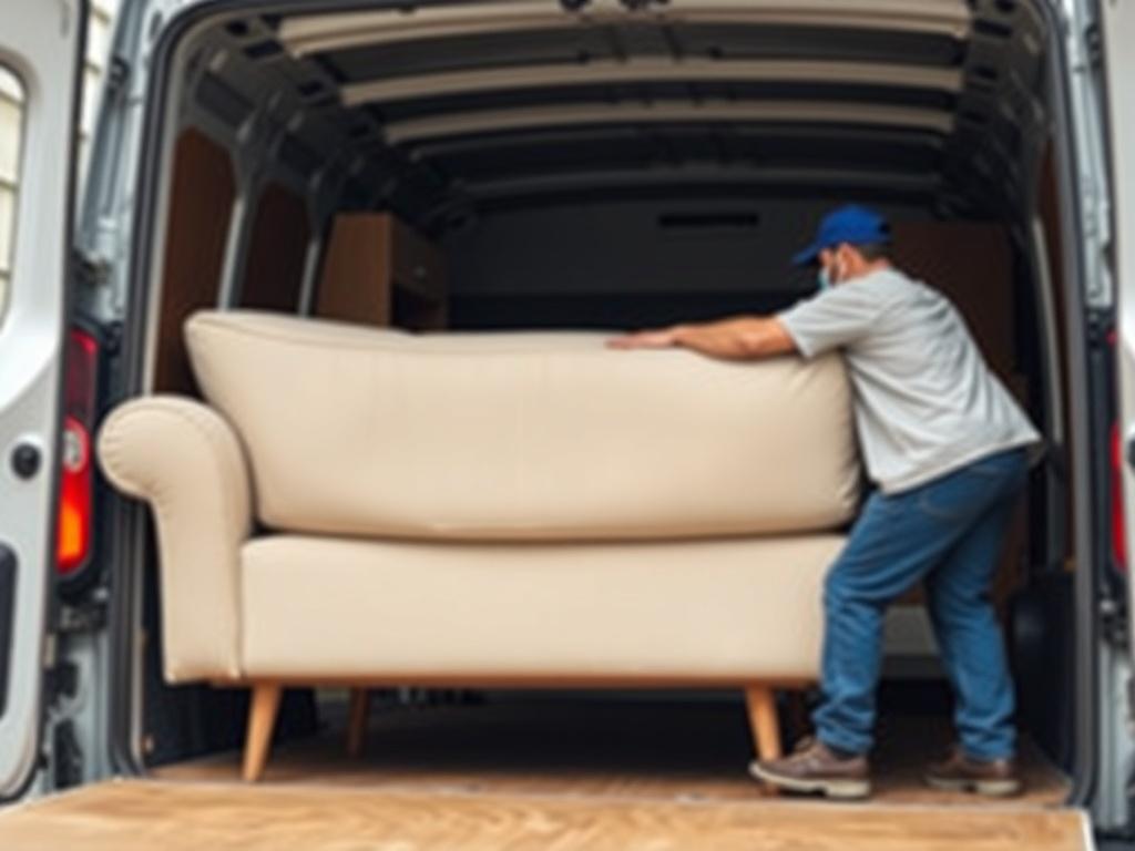 A close-up shot of a single item, such as a sofa or a large painting, being carefully loaded into a van by a professional mover. The background should depict a residential area, emphasizing the service's focus on careful handling and transportation.