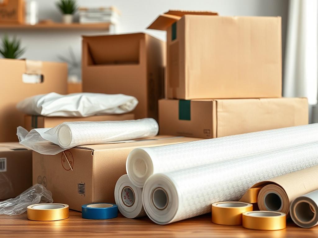A close-up shot of a neatly arranged packing supplies kit, featuring cardboard boxes, bubble wrap, and packing tape. The background should be a clean and organized workspace, subtly conveying a sense of preparedness for moving.