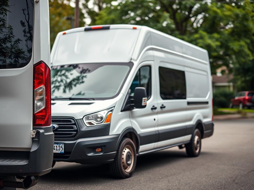 A close-up shot of a medium-sized van parked in a residential area, showcasing the vehicle's features. The background should include a subtle hint of a neighborhood, with green trees and a calm street. The van should be clean and well-maintained, emphasizing its reliability for moving services.