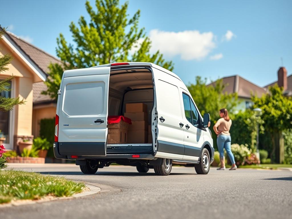 A fully insured medium van parked outside a residential house in a suburban area. The van is prominently displayed with a focus on its clean and professional appearance. In the background, a family is seen packing boxes into the van, conveying a sense of preparation and excitement for their house removal. The scene is bright and inviting, with lush green trees and a clear blue sky, emphasizing a positive moving experience.