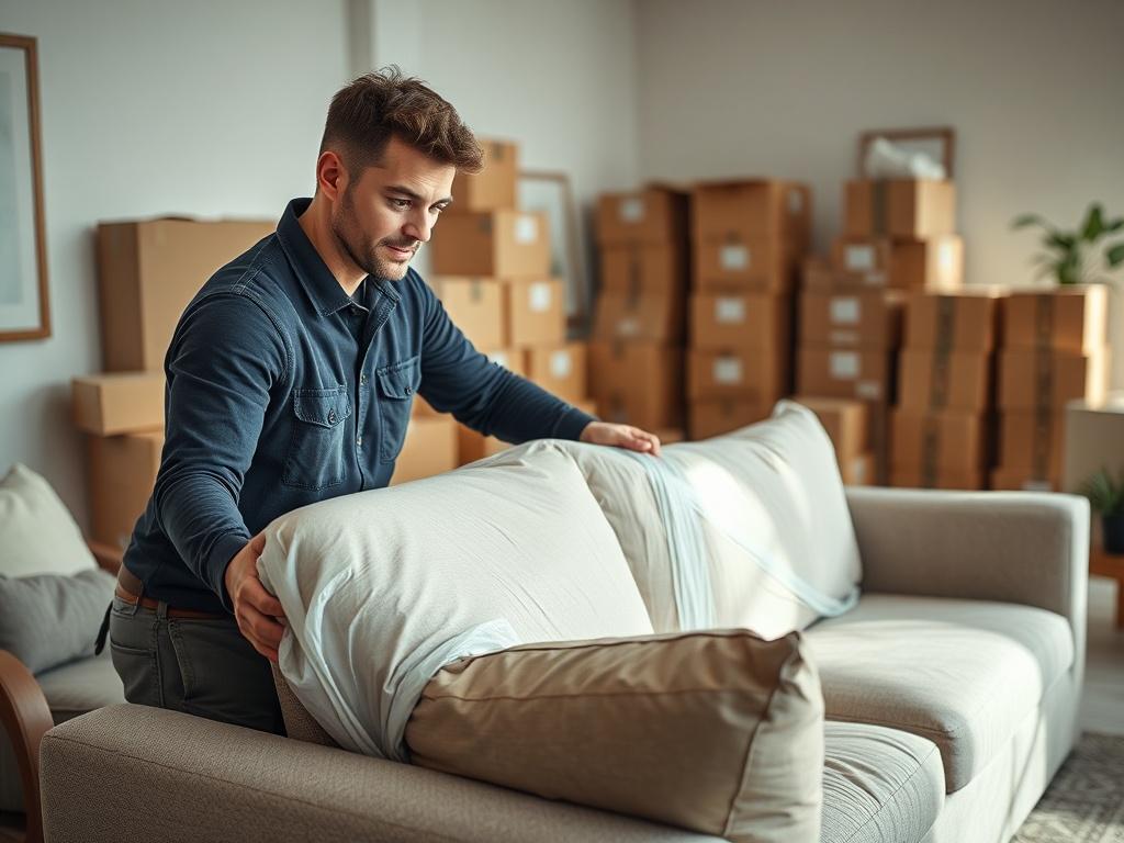 A close-up shot of a well-furnished living room with a professional mover carefully handling a large sofa with protective wrapping. The background features boxes stacked neatly, indicating an organized packing process. The focus is on the mover's attentive expression, showcasing dedication to the task. The setting is bright and airy, with natural light streaming in, enhancing the positive atmosphere of moving.