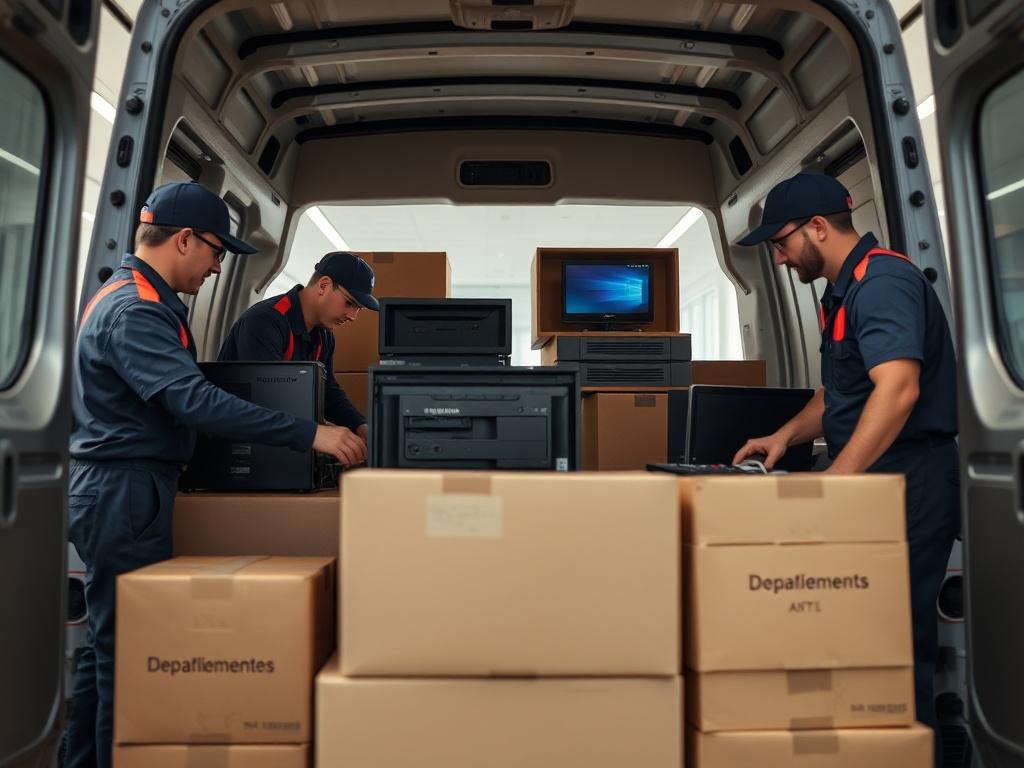An office environment with professional movers carefully packing electronic equipment and furniture into a van. The movers are wearing uniforms, showcasing professionalism and efficiency. The office is well-lit, with a modern design, and the background features boxes labeled with different departments, highlighting organization and preparation for the office move.