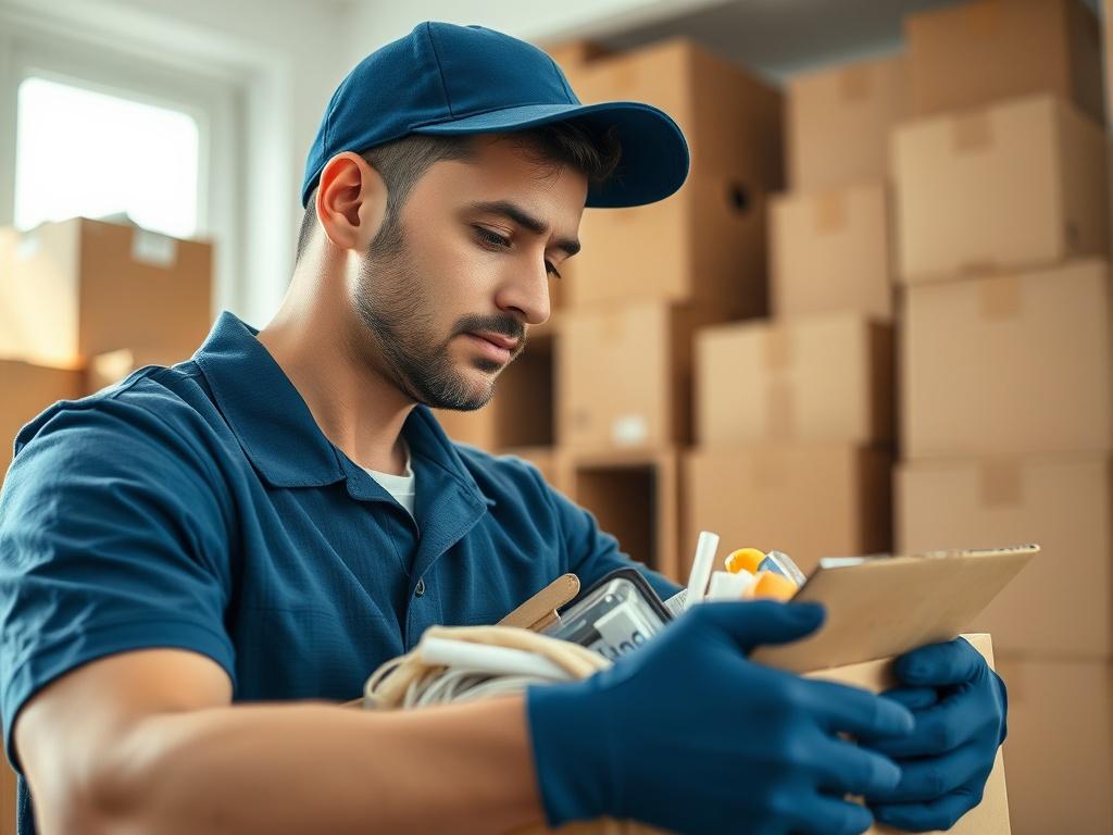 A close-up shot of a professional mover carefully packing a box filled with household items. The mover should be wearing a blue uniform, showcasing a focused expression as they organize belongings. The background should be a bright, well-lit room with moving boxes stacked neatly, conveying a sense of order and professionalism. The color scheme should include accents of rgb(2, 86, 197), creating a cohesive and inviting atmosphere.