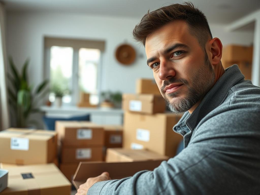 A close-up shot of a professional mover carefully packing boxes in a bright, organized living room, showcasing various packed boxes with labels. The background features a well-lit space with minimalistic decor, highlighting the attention to detail and care taken in the moving process. The image should evoke a sense of trust and professionalism, with a focus on the mover's expression and the packed items.