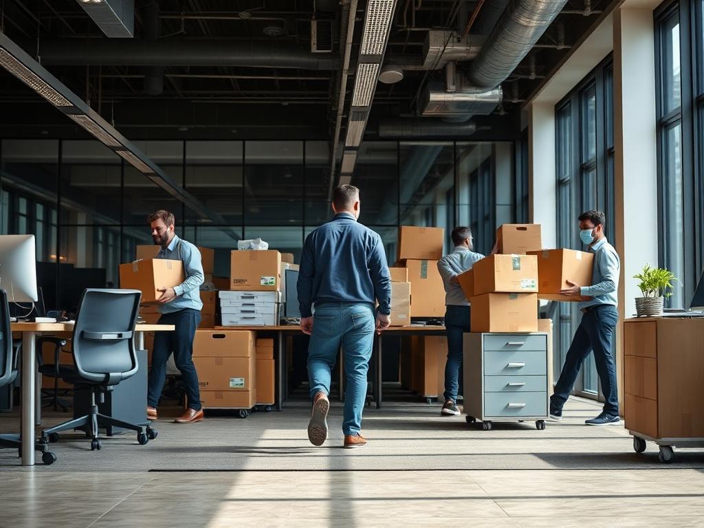 A professional moving team efficiently relocating office furniture and equipment into a new commercial space. The image captures the organized chaos of a busy workplace, with movers handling desks, computers, and boxes. The setting reflects a modern office environment, showcasing the importance of a smooth commercial relocation.