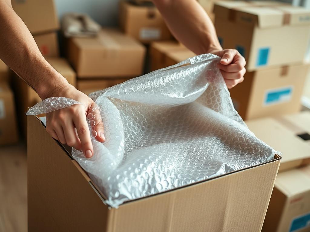 A close-up image of a professional packer wrapping fragile items in bubble wrap and placing them carefully into a box. The scene is well-lit, highlighting the attention to detail and care taken during the packing process. Background shows a variety of packed boxes ready for moving.