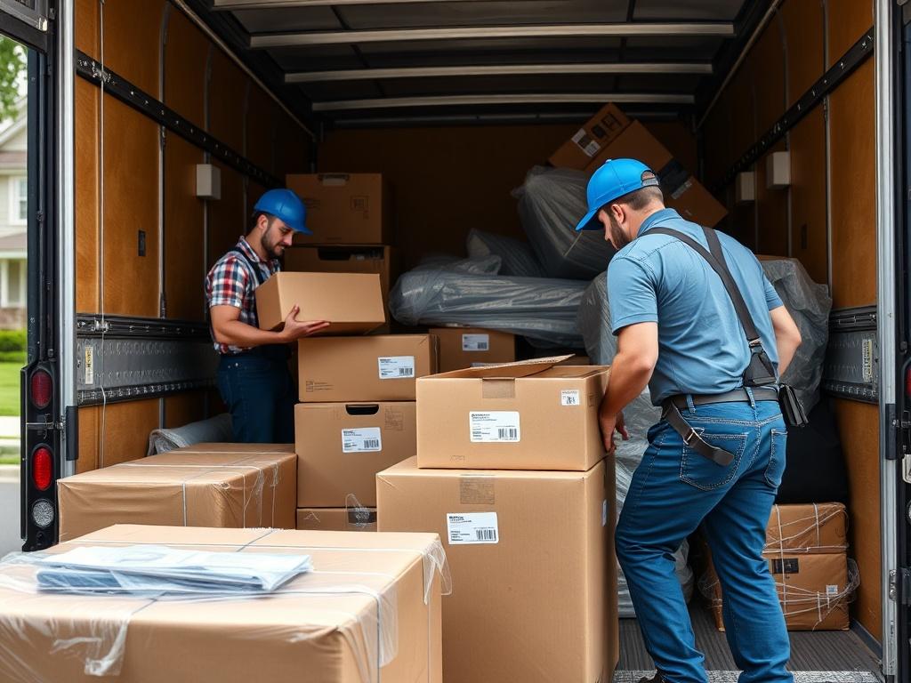 A close-up shot of professional movers carefully packing a family's belongings into a moving truck. The scene is vibrant and organized, showcasing the movers in action, with boxes labeled and furniture wrapped securely. The background features a suburban neighborhood, enhancing the sense of a residential move.