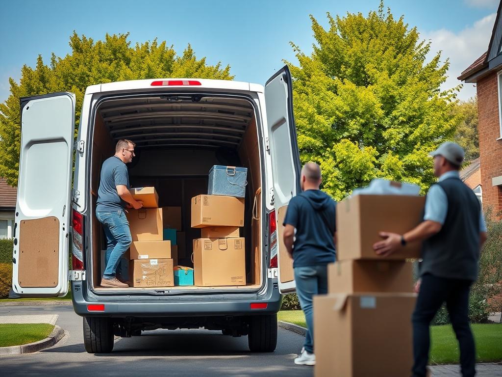 A close-up shot of a professional moving team loading a medium van with household items. The van is parked in a residential area in Barking, with vibrant green trees in the background. The team is engaged in their work, showcasing a friendly and efficient atmosphere. The image captures the essence of reliability and professionalism in moving services, with a focus on the van and the team members.