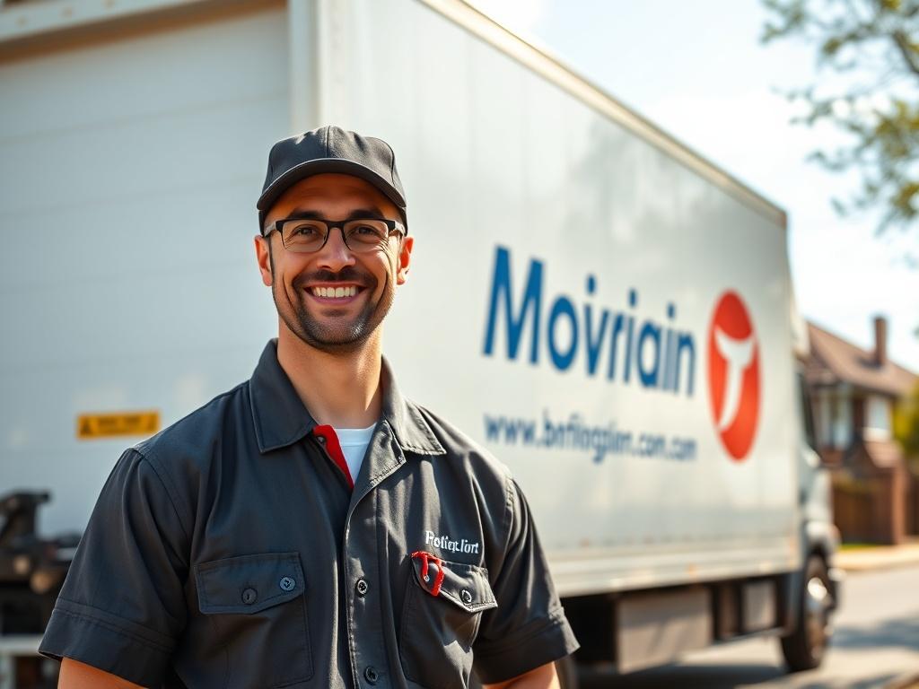A realistic high-resolution photo of a friendly moving professional in uniform, standing next to a moving truck with the company logo. The background shows a sunny day in an urban neighborhood with houses and trees. The focus is on the professional's welcoming smile, conveying trust and reliability. The image should be shot with a 45mm f/1.2 lens style, ensuring a sharp focus on the subject while softly blurring the background.