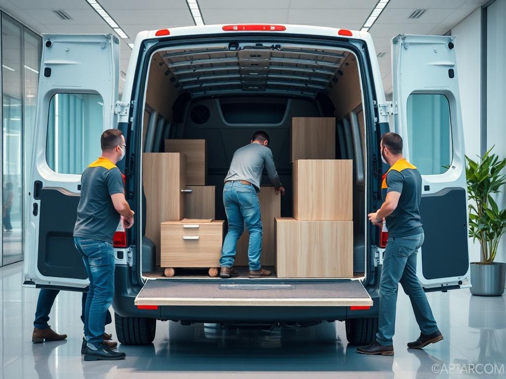 A high-resolution photo of a team of movers carefully unloading office furniture from a medium van into a professional office space. The image should convey teamwork and efficiency, with a focus on the movers and the van. Capture a clean and modern office environment in the background. Shot with a 45mm f/1.2 lens for a soft focus effect.