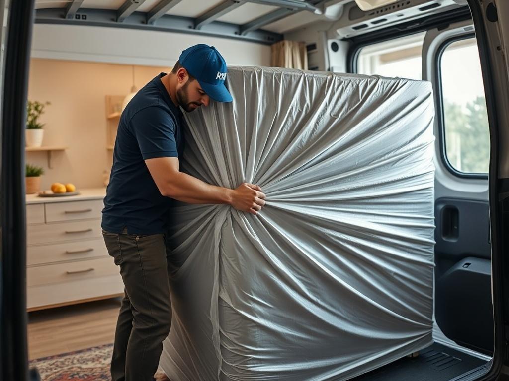 A high-resolution photo of a mover carefully wrapping a large piece of furniture in protective material, preparing it for transport in a medium van. The setting should be a home interior, showcasing the attention to detail in handling the furniture. Emphasize the mover's focus and professionalism. Shot with a 45mm f/1.2 lens to highlight the subject.