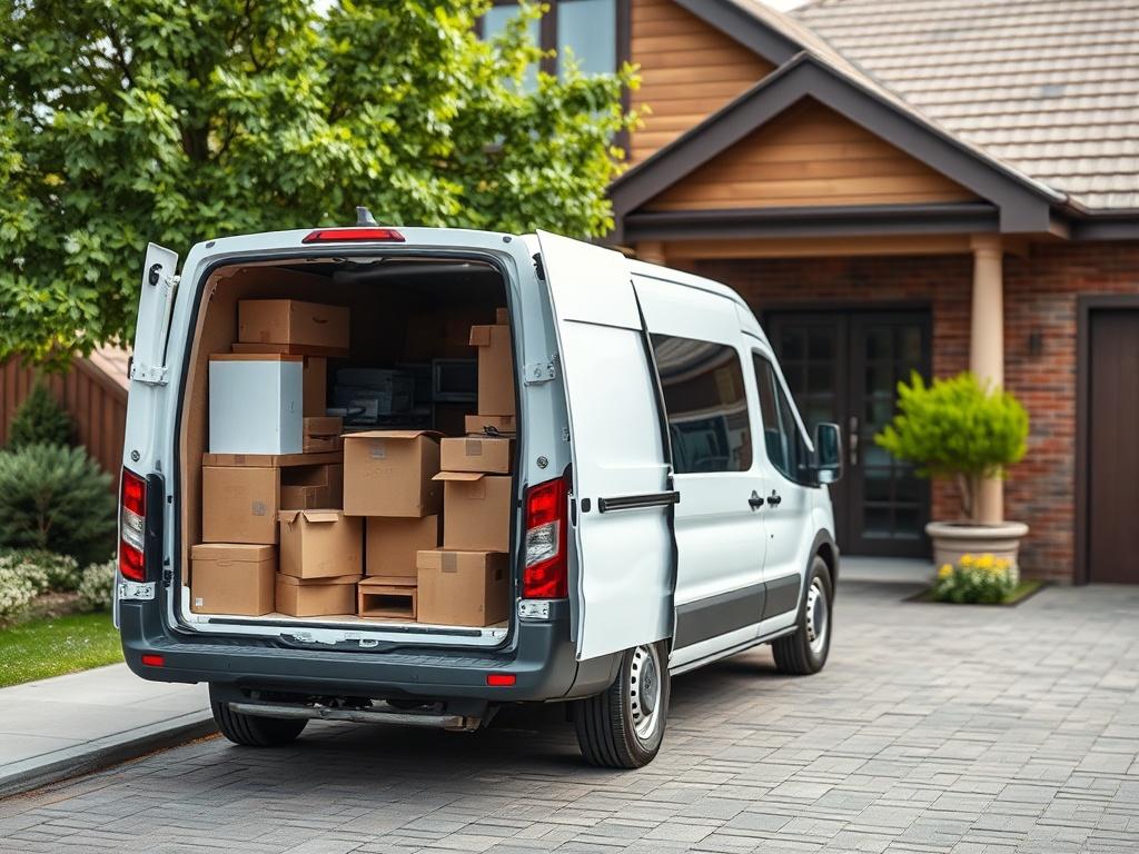 A high-resolution photo of a well-organized medium moving van parked outside a house, packed with boxes and furniture. The scene should be bright and welcoming, showcasing the van's professional appearance. Focus on the van with the house in the background, capturing the essence of a house removal. Shot with a 45mm f/1.2 lens for a shallow depth of field.
