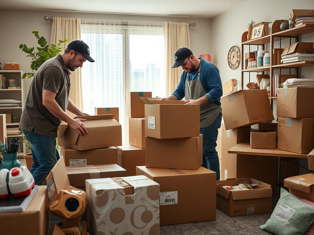 A dynamic shot of professional movers carefully packing boxes in a home, surrounded by various household items. The atmosphere is orderly, with boxes labeled and packing materials neatly arranged.