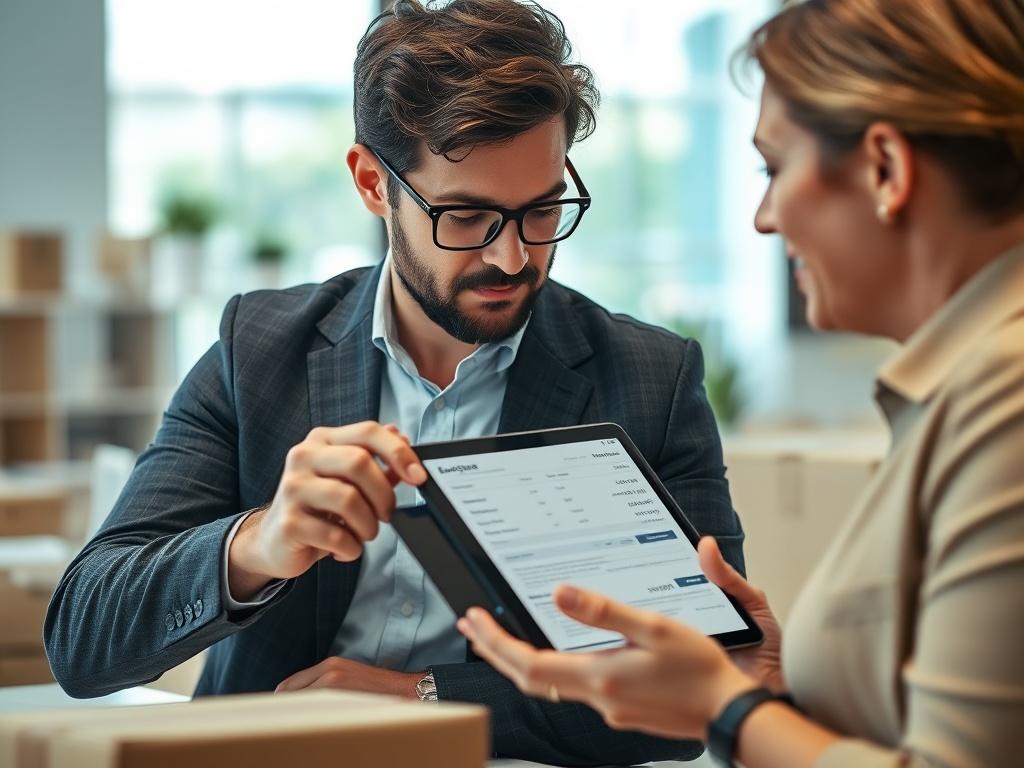 An image of a professional moving consultant presenting a detailed quote on a digital tablet to a client, both engaged in discussion. The setting is bright and organized, showcasing a busy office atmosphere.