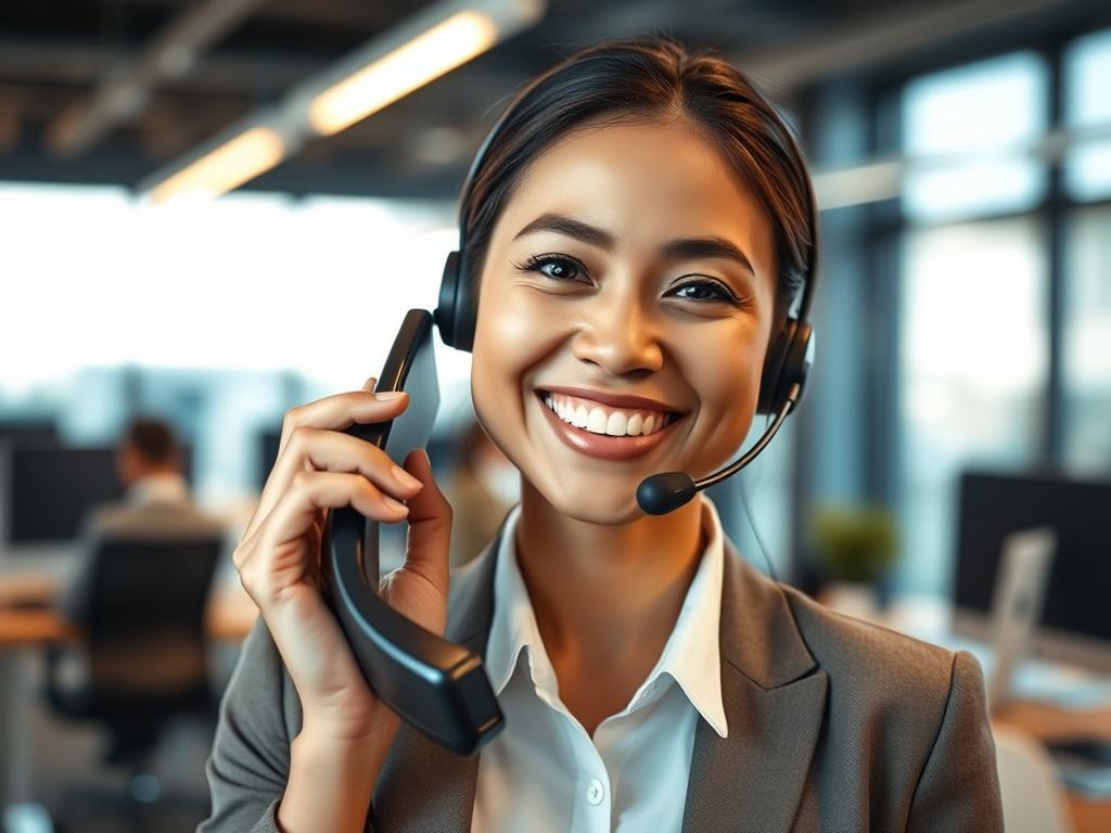 A high-resolution close-up shot of a friendly customer service representative smiling while holding a phone, showcasing a modern office environment in the background. The atmosphere should convey warmth and approachability, with soft lighting. The representative should be dressed in professional attire, and the color scheme should harmonize with the primary color #062767.