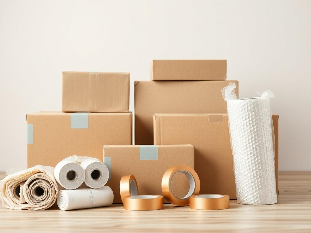 A hyper-realistic close-up shot of a custom moving kit showcasing neatly packed boxes, tape, and bubble wrap, with an elegant arrangement that highlights the quality of the materials, set against a neutral backdrop that enhances the colors and textures of the items.