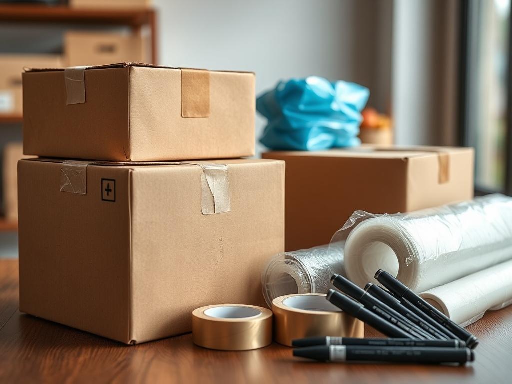 A realistic high-resolution image of a packing supplies kit displayed on a wooden surface, featuring various sizes of sturdy cardboard boxes, bubble wrap, packing tape, and black markers. The background should be softly blurred to emphasize the kit, with natural lighting enhancing the colors and textures.