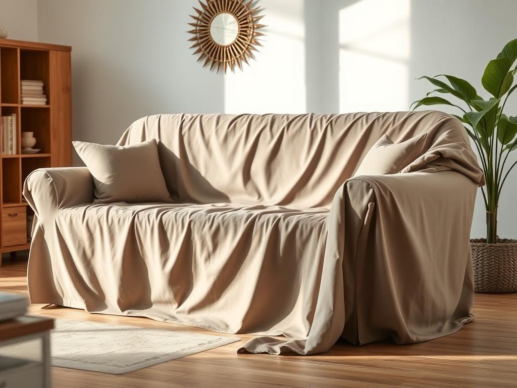 A realistic high-resolution image of furniture protection covers draped over a sofa and chair in a well-lit room. The covers should be clearly visible, showcasing their fit and texture, with a soft, inviting background to enhance the focus on the covers.