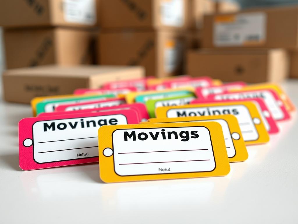 A close-up shot of colorful moving labels with clear writing spaces, displayed on a clean surface with some boxes in the background, focusing on the vibrant colors and the practical design of the labels.