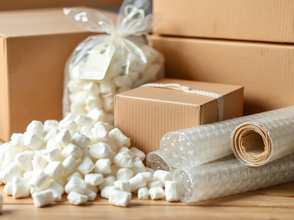 A close-up shot of eco-friendly packing supplies including biodegradable packing peanuts, recycled cardboard boxes, and reusable bubble wrap, arranged neatly on a wooden surface, with a soft-focus background that emphasizes the natural textures and colors of the materials.