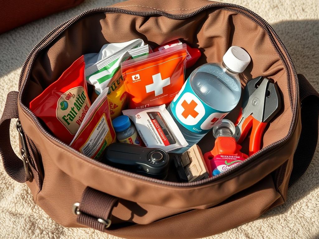 A realistic high-resolution image of a moving day essentials bag, opened to reveal snacks, bottled water, a first-aid kit, and basic tools. The bag should be placed on a soft surface, with natural light highlighting the contents and the bag's fabric textures.