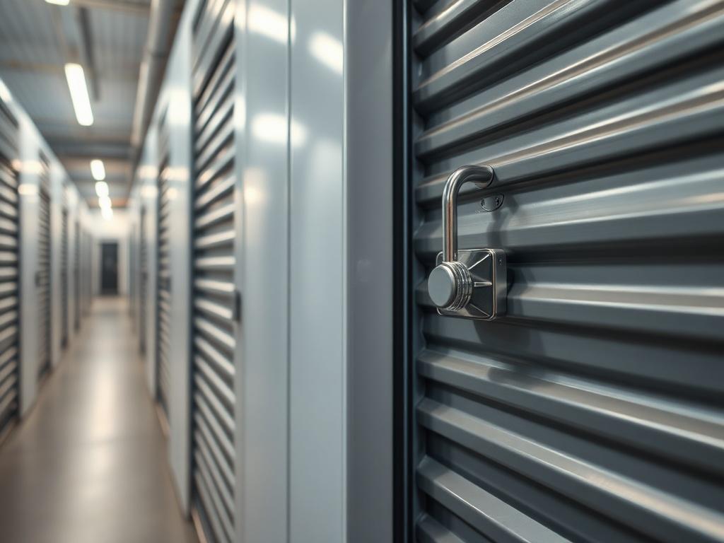 A detailed shot of a modern, secure storage facility with neatly organized storage units. The image should convey cleanliness and security, showcasing a locking mechanism on a storage unit door. Soft lighting enhances the sense of safety and accessibility in the environment.
