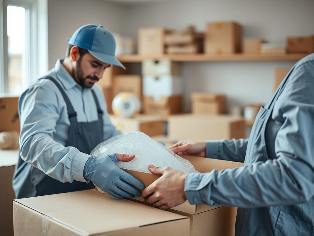 A close-up shot of professional movers carefully packing delicate items into boxes. The scene is well-lit, showcasing high-quality packing materials such as bubble wrap and sturdy boxes. The background should be a clean, organized moving environment, emphasizing the care and attention to detail in the packing process.