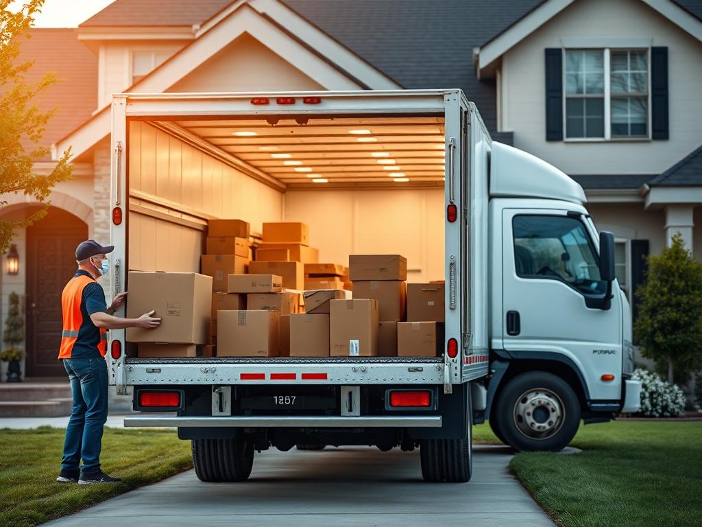 A hyper-realistic image of a moving truck parked in front of a residential home, with movers loading boxes into the truck. The setting is bright and inviting, highlighting the professionalism of the movers and the quality of the truck. The focus is on the organized loading process, showcasing attention to detail and care.