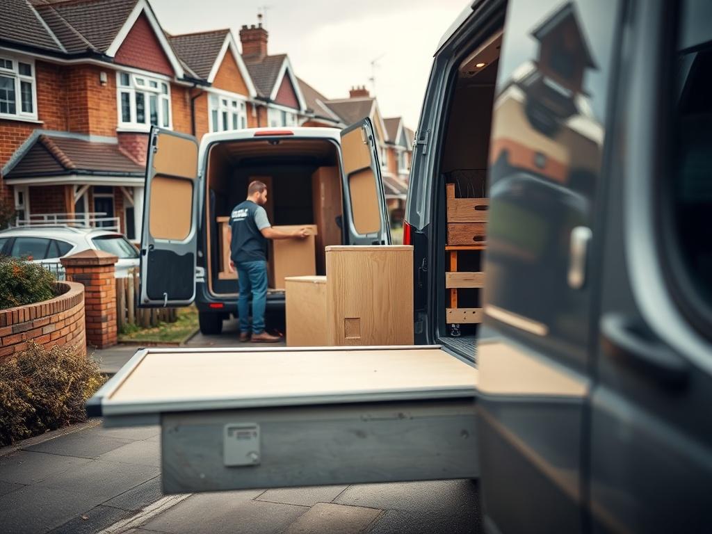 A close-up shot of a medium van parked outside a home in Dagenham, with a moving team carefully loading furniture onto the vehicle. The scene captures a busy yet organized atmosphere, highlighting the professionalism of the movers. The background should show Dagenham’s residential architecture, creating a relatable context.