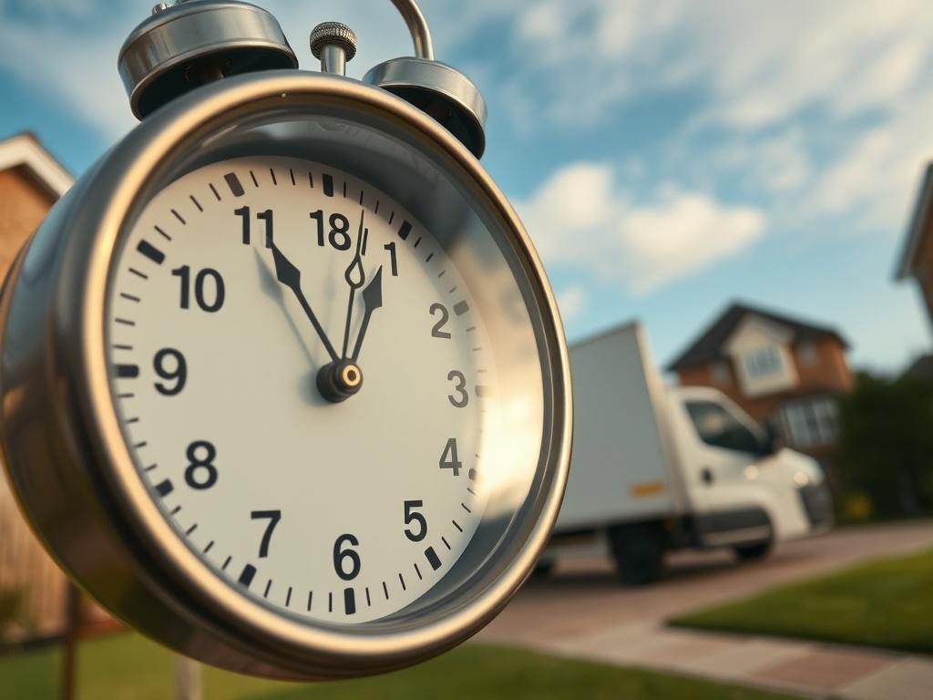 A close-up shot of a clock showing the time as a moving van arrives punctually at a Dagenham residence. The van is ready to assist with the move, and the focus is on the commitment to timeliness. The background features a clear sky and a welcoming neighborhood setting.