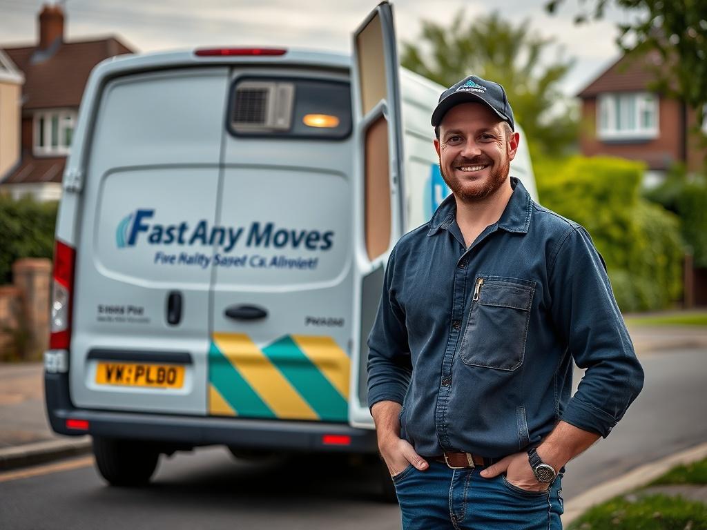 A close-up shot of a friendly van driver standing next to a fully loaded medium van in Dagenham. The van is branded with the Fast Any Moves Ltd logo. The background shows a typical Dagenham street, with residential houses and greenery, captured in a hyper-realistic style with a focus on natural lighting.