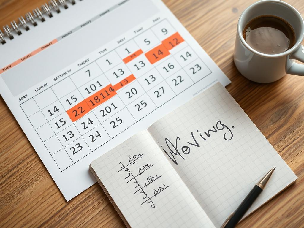 An image of a calendar with highlighted dates and a notepad showing moving plans, set on a table with a cup of coffee beside it. This scene reflects planning and flexibility, ideal for potential customers considering their moving schedule.