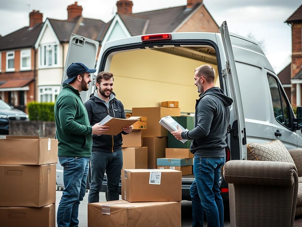 A close-up shot of a friendly moving team discussing logistics near a van, surrounded by packed boxes and furniture, set against a backdrop of a residential street in Barking. The scene conveys collaboration and affordability.