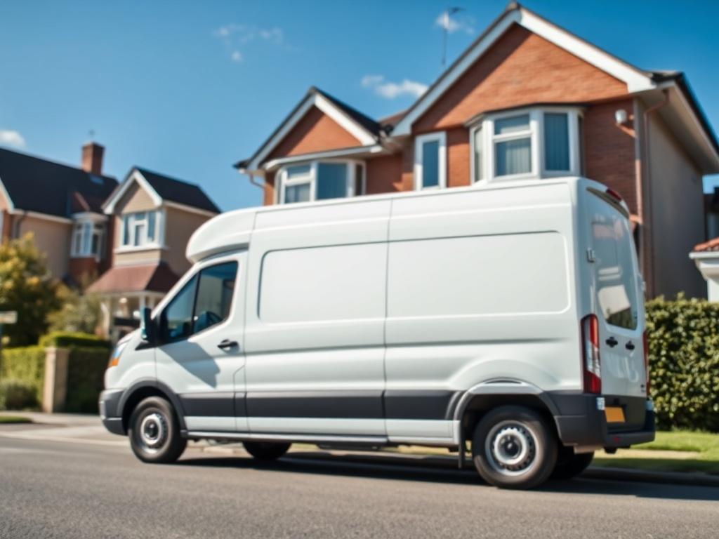 A high-resolution image of a medium-sized moving van parked in front of a residential building in Barking, with a clear blue sky in the background. The focus is on the van, showcasing its clean and professional appearance, while the residential setting adds context to the local moving service.