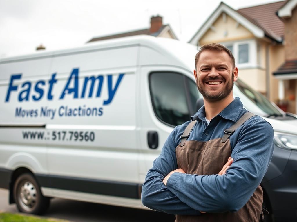 A high-resolution close-up shot of a friendly driver from Fast Any Moves Ltd smiling while standing next to a medium van parked outside a home in Dagenham. The van should be clearly branded, and the background should show a typical Dagenham neighborhood.