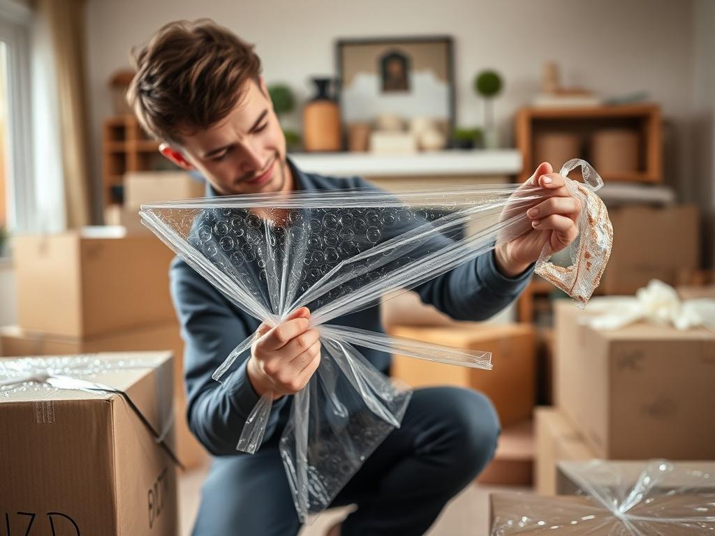 A high-resolution close-up shot of a professional packer securely wrapping fragile items in bubble wrap, surrounded by boxes and packing materials in a home in Dagenham. The background should show a cozy living space, indicating preparation for a move.
