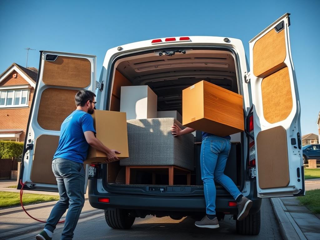 A high-resolution close-up shot of a friendly moving team carefully loading furniture into a medium-sized van in Dagenham. The background should show a residential area in Dagenham with clear blue skies, emphasizing a sunny, pleasant moving day.