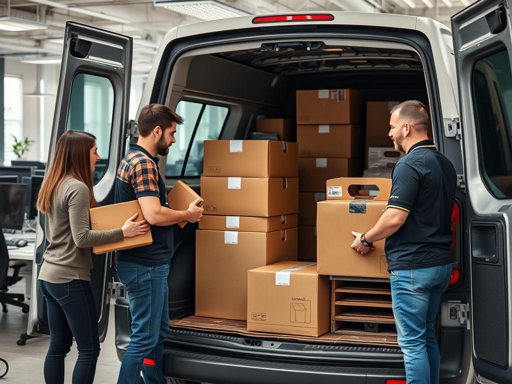 A close-up shot of a professional team packing office equipment into a medium van. The background shows a bustling office space with desks and computers. The focus is on teamwork and organization during the move.