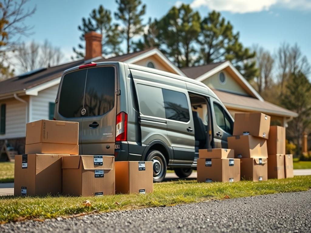 A close-up shot of a medium van parked in front of a small house, showing moving boxes stacked neatly next to the van. The background is a suburban setting with trees and a clear sky. The focus is on the van and boxes, capturing the essence of moving.