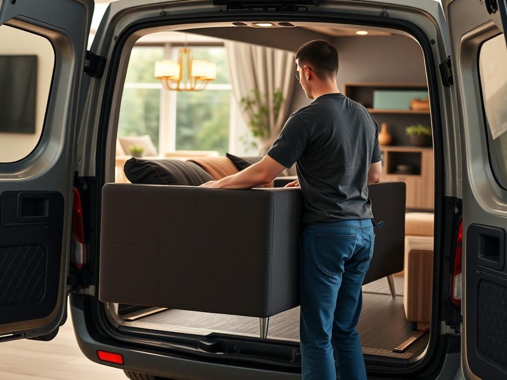 A close-up shot of a professional mover carefully loading a stylish sofa into a medium van. The background shows a well-decorated living room and an inviting outdoor space. The focus is on the mover and the sofa, reflecting careful handling.