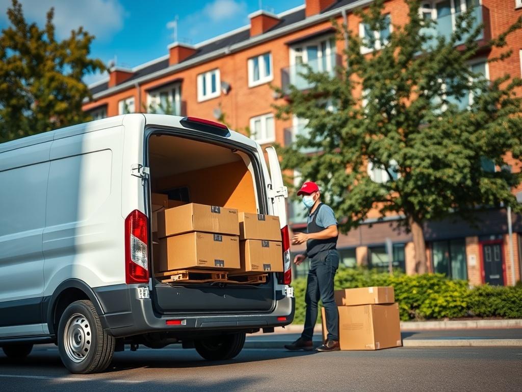 A realistic high-resolution photo of a medium van parked in front of a residential building in Barking, with a friendly driver unloading boxes. The background shows a vibrant urban scene, with trees and blue sky. The image should focus on the van and driver, capturing the essence of quick and efficient removals. The color scheme should harmonize with the primary color #062767.