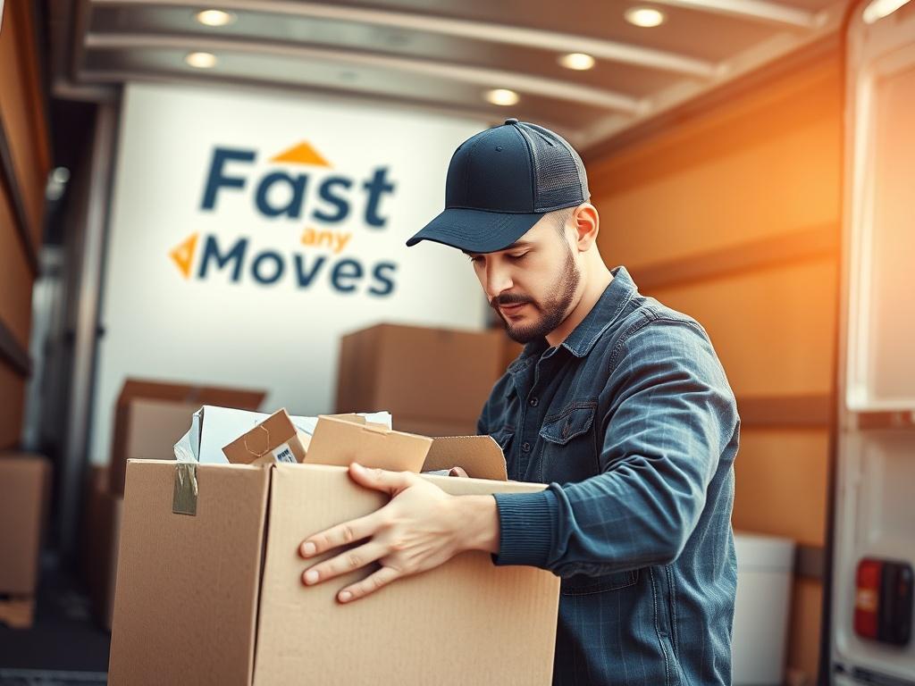 A close-up shot of a professional mover carefully packing a box with household items, showcasing attention to detail and care. The background should be a simple, clean moving truck with the Fast Any Moves logo visible, emphasizing a reliable moving service. The lighting should be bright and inviting, capturing the essence of professionalism and efficiency in the moving process.