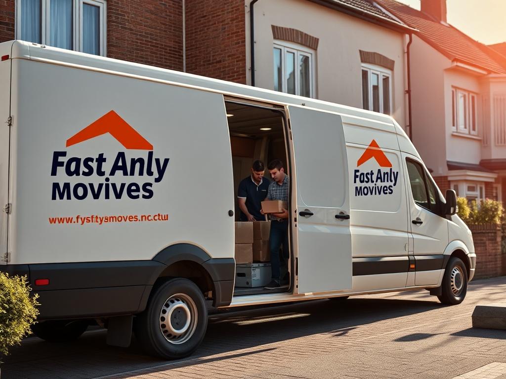 A close-up image of a moving van with the Fast Any Moves Ltd logo parked outside a residential building, with movers loading boxes carefully into the van. The background is a sunny day, highlighting a cheerful moving experience. The focus is on the professionalism and preparedness of the moving team.
