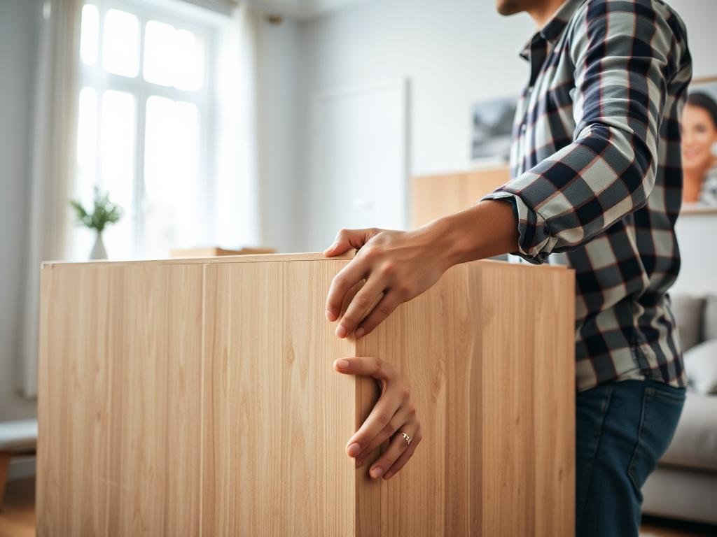 A close-up shot of a professional mover carefully handling a piece of furniture, showcasing attention to detail and care in a residential setting. The background should be a well-lit, tidy home environment, emphasizing the professionalism of the moving service. The image should reflect a sense of trust and reliability.