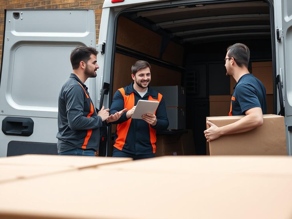 An image of a friendly moving team discussing pricing with a customer outside a moving van. The focus should be on the interaction, showcasing trust and transparency. The background should highlight a vibrant East London neighborhood, emphasizing the local feel of the service.
