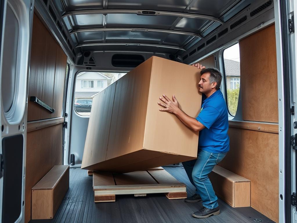 A close-up shot of a mover carefully securing a large piece of furniture inside the back of a moving van. The van's interior is clean and organized, showcasing the attention to detail in packing. The background includes a residential street, indicating a local move. The focus is on the mover and the careful handling of the item, emphasizing reliability and safety.