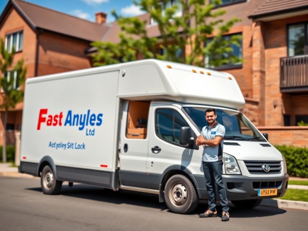 A close-up shot of a moving van parked in front of a residential building, with a friendly driver standing beside it, smiling and ready to assist. The van is medium-sized, clearly showing the Fast Any Moves Ltd branding. The background features a sunny day with clear skies and a few trees. The focus is on the van and the driver, emphasizing reliability and professionalism.