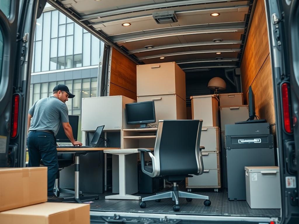A close-up shot of office furniture being carefully loaded into a moving van by two professional movers. The scene includes desks, chairs, and electronic equipment, showcasing the meticulous packing process. The background features a modern office building, indicating a corporate relocation. The focus is on the movers and the organized loading of items, highlighting professionalism and efficiency.