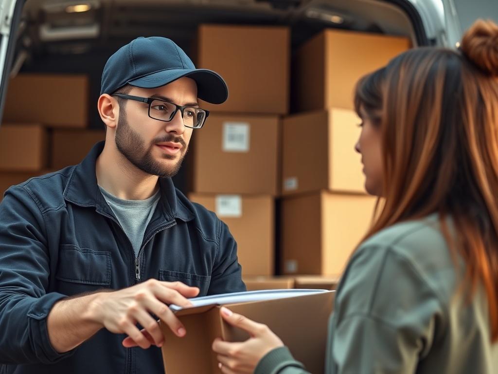 A close-up shot of a moving team leader advising a customer on packing techniques, with a background of neatly packed boxes and a van ready for loading. The focus should be on the team leader’s engaged expression and the customer's attentive listening.