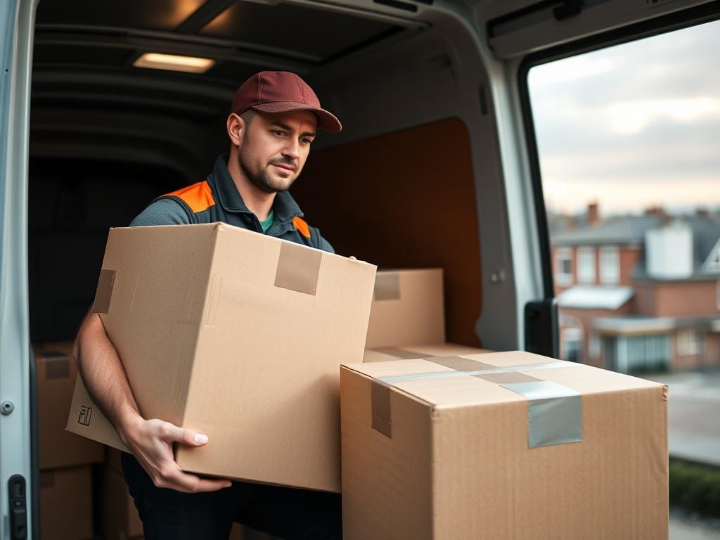 A close-up shot of a professional mover carefully loading boxes into a van, with a focus on the mover's attentive expression and the organized arrangement of the boxes. The background should subtly show a cityscape of Barking, highlighting the moving context.